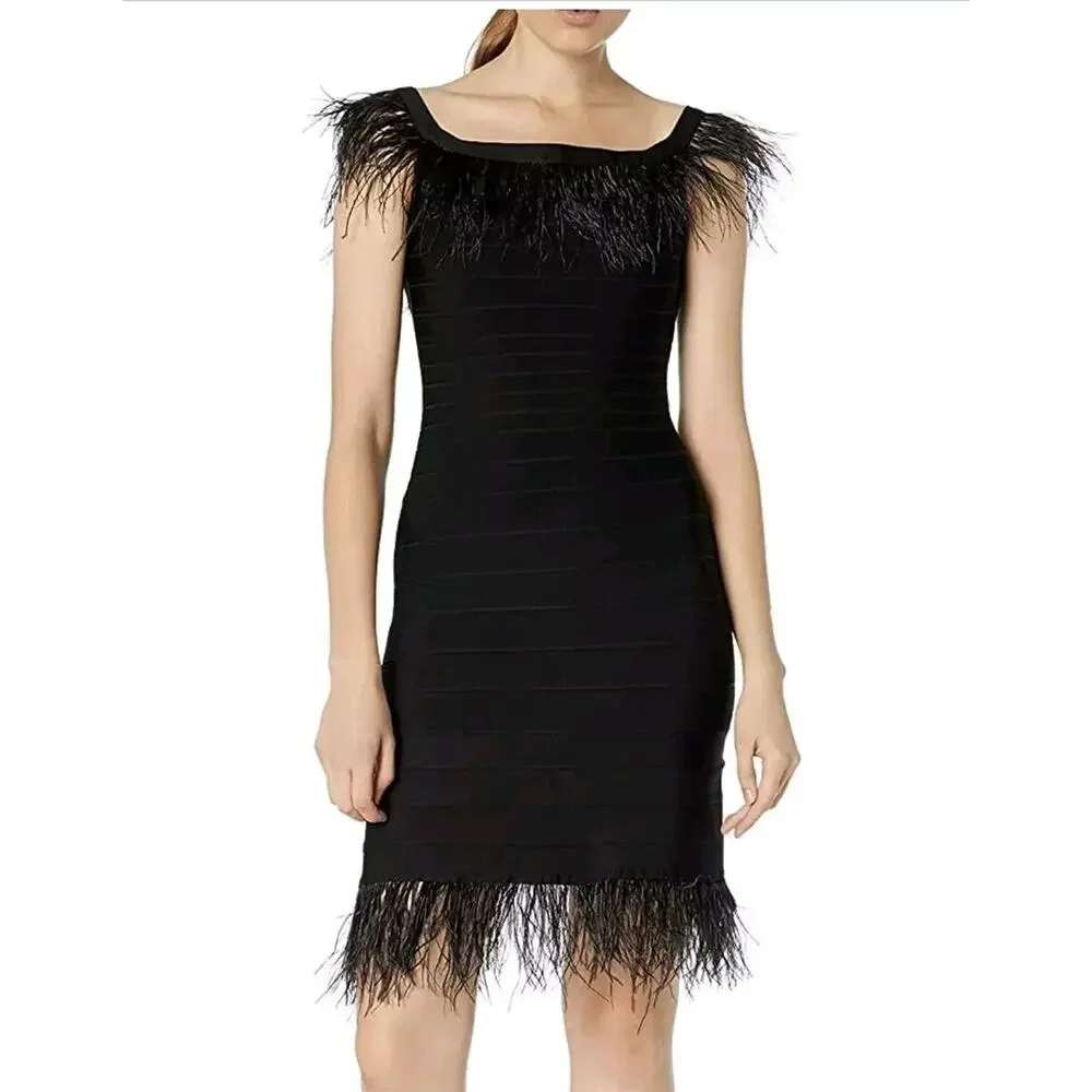 Elliatt Womens Off Shoulder Feather Trim Bodycon Dress Small Black Cocktail - Picture 1 of 12